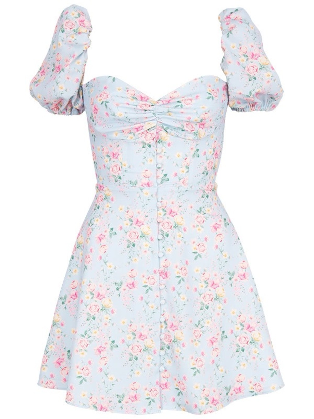 Sweetheart Neck Puff Sleeve Floral Mini Dress - Light Blue